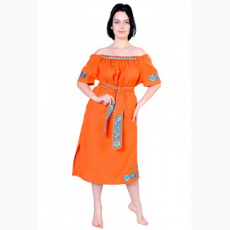 Платье из льна с крупными стеклянными бусинами, оранжевый
