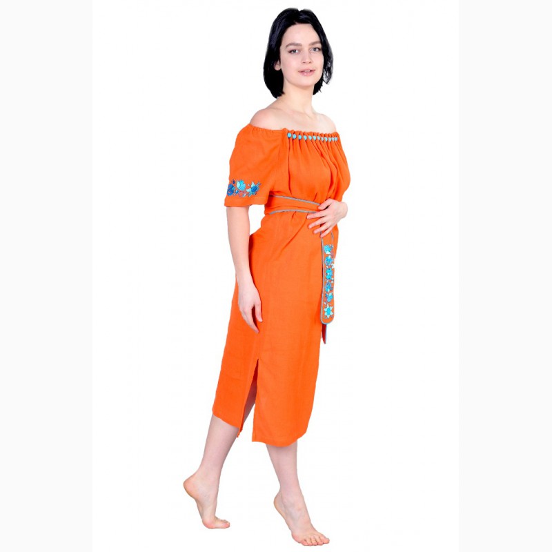 Фото 2. Платье из льна с крупными стеклянными бусинами, оранжевый