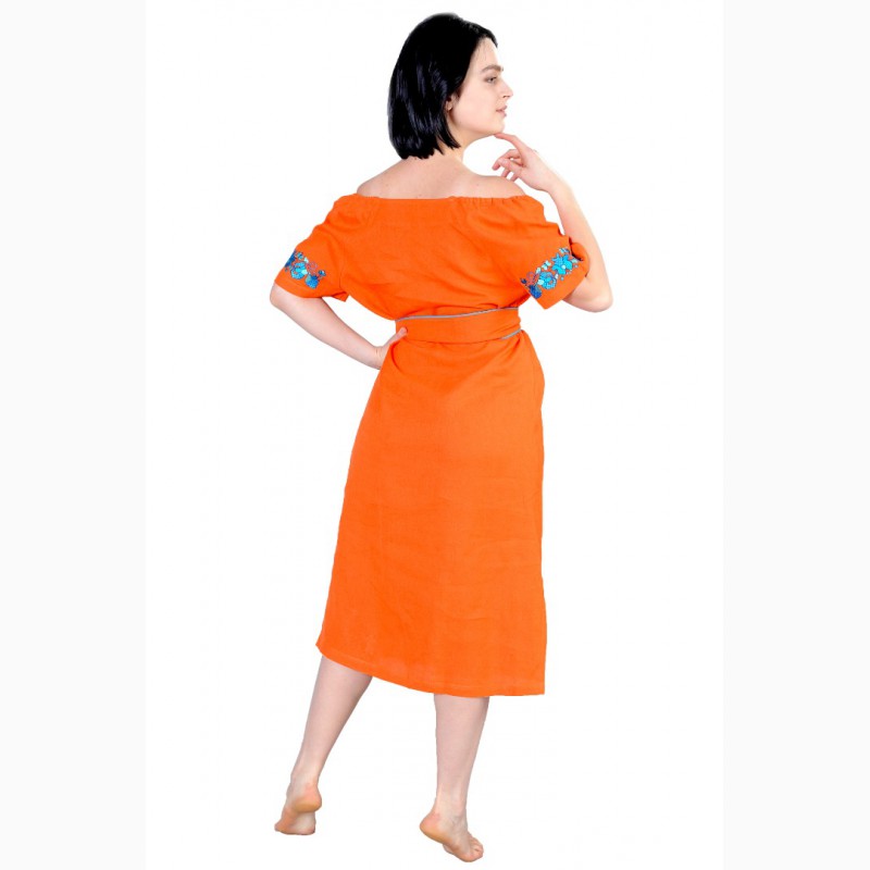 Фото 3. Платье из льна с крупными стеклянными бусинами, оранжевый